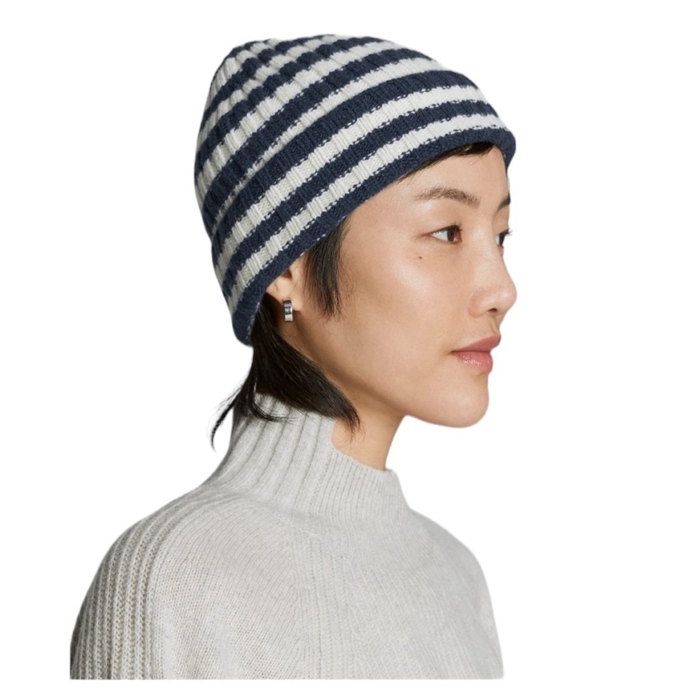 EVERLANE The Cashmere Beanie Navy Stripes Unisex Hat‎ One Size NWT